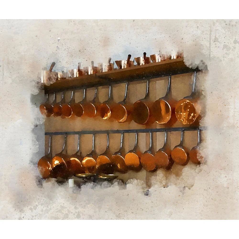 copper pans on a wall rack abstract figurative print