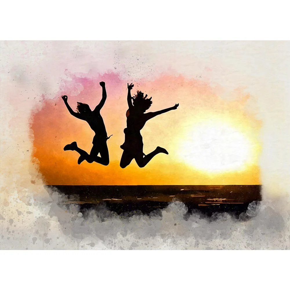 happy couple on the beach jumping silhouette abstract figurative print