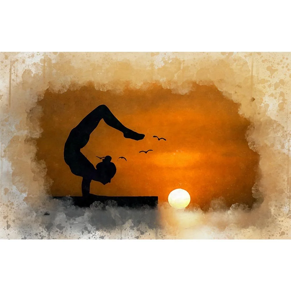 woman performing yoga on a rooftop sunset silhouette abstract figurative print