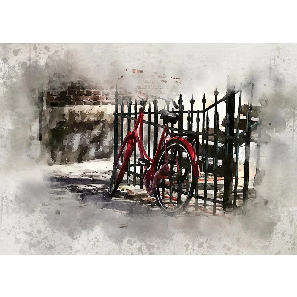 red bicycle leaning against cast iron fence abstract figurative print