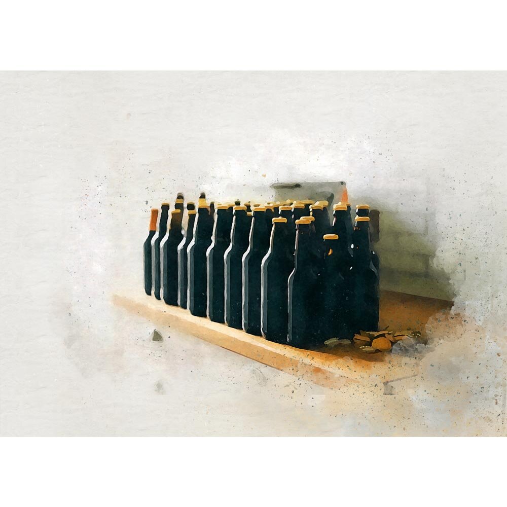 beer bottles and caps on a shelf abstract figurative print