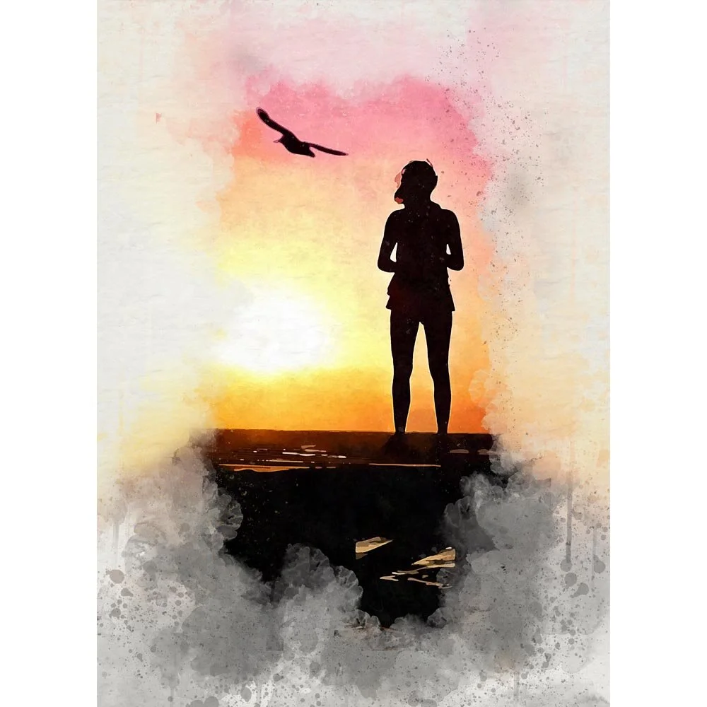woman on the beach watching the sunset abstract figurative print