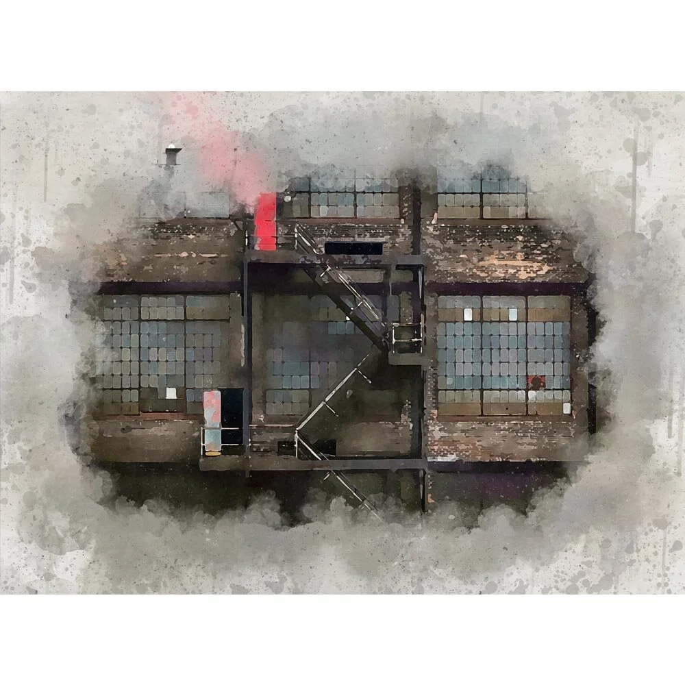 red factory door abstract figurative print