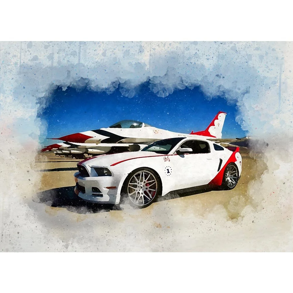 us airforce thunderbirds with ford mustang on tarmac abstract figurative art print (Copy)