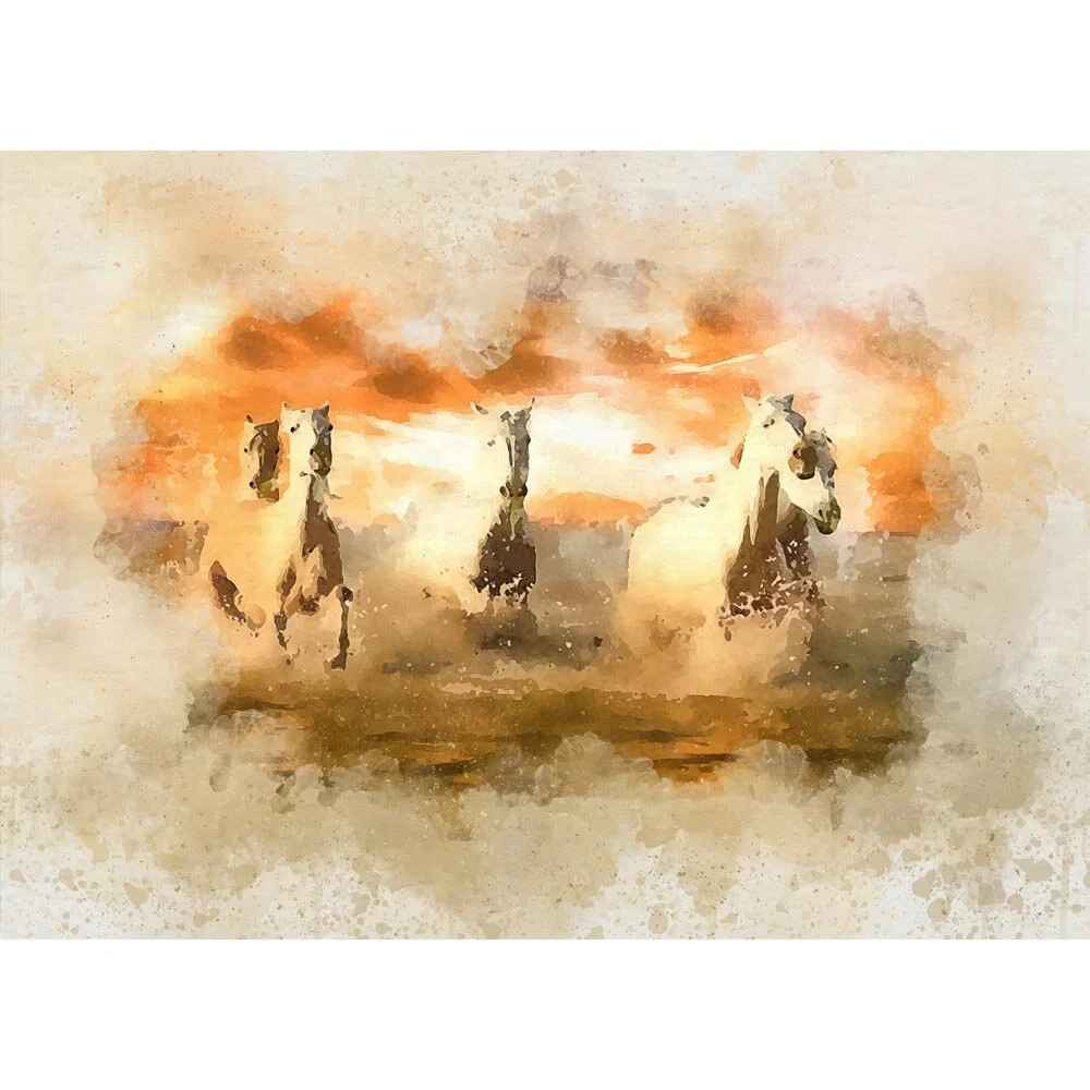 white horses in water sunset abstract figurative painting print