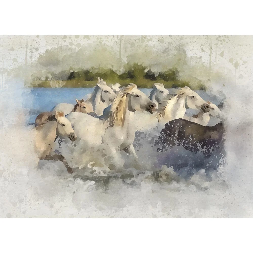 white horses in river camargue abstract figurative painting print