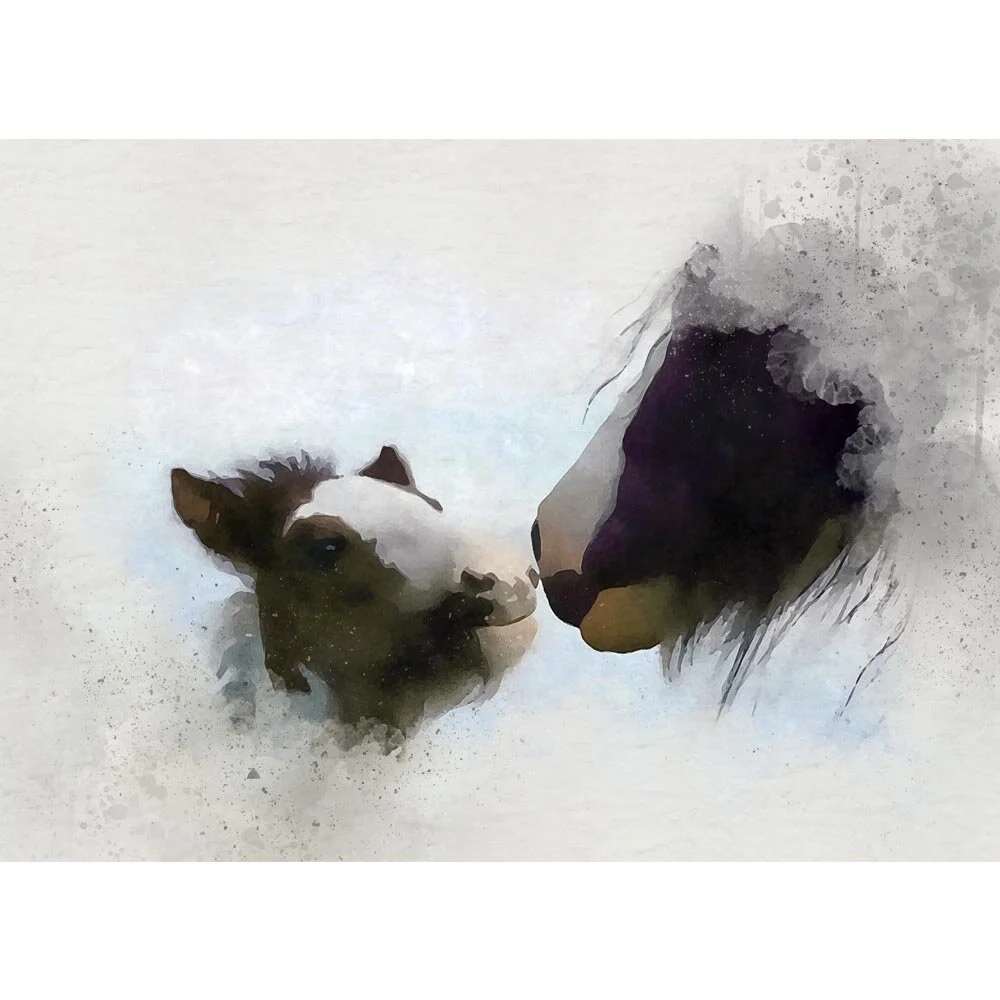 foal and mare kissing abstract figurative painting print