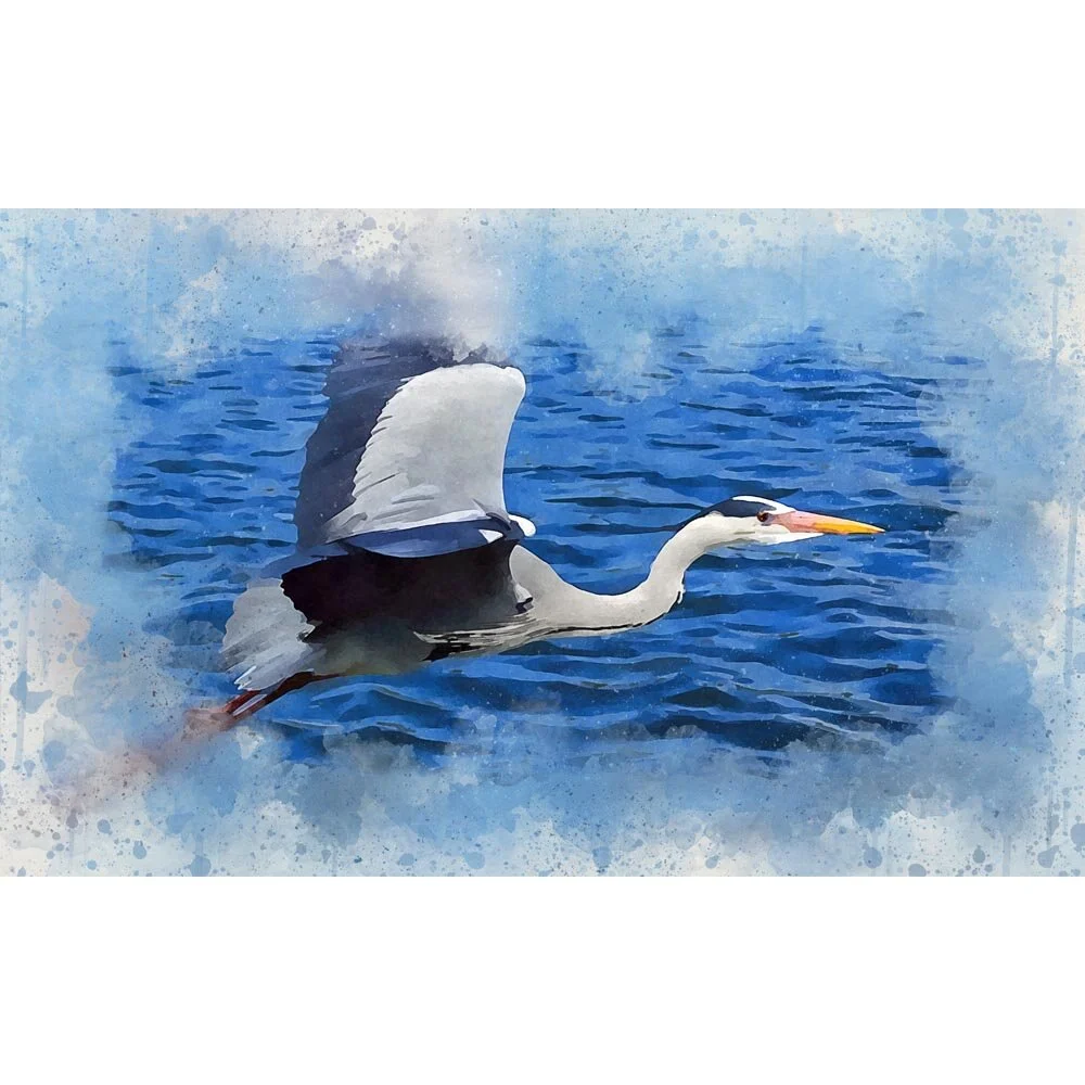 grey heron in flight above water abstract figurative painting print