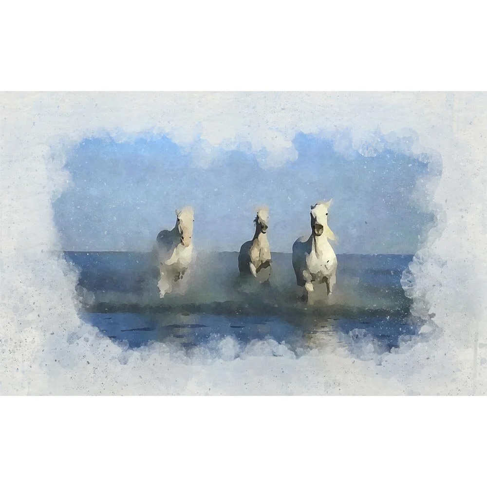 white horses in coastal water camargue abstract figurative painting print