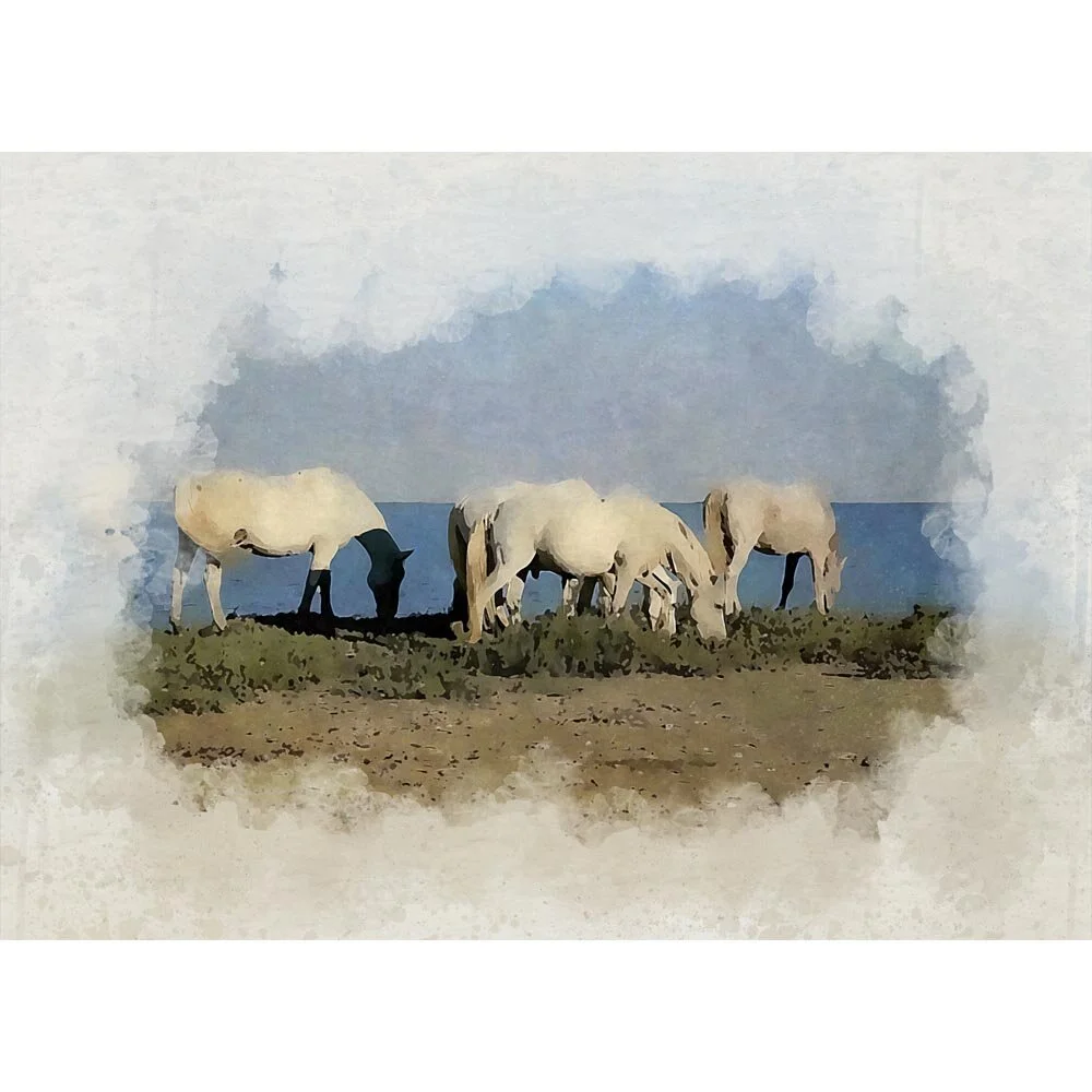 white horses grazing camargue abstract figurative painting print