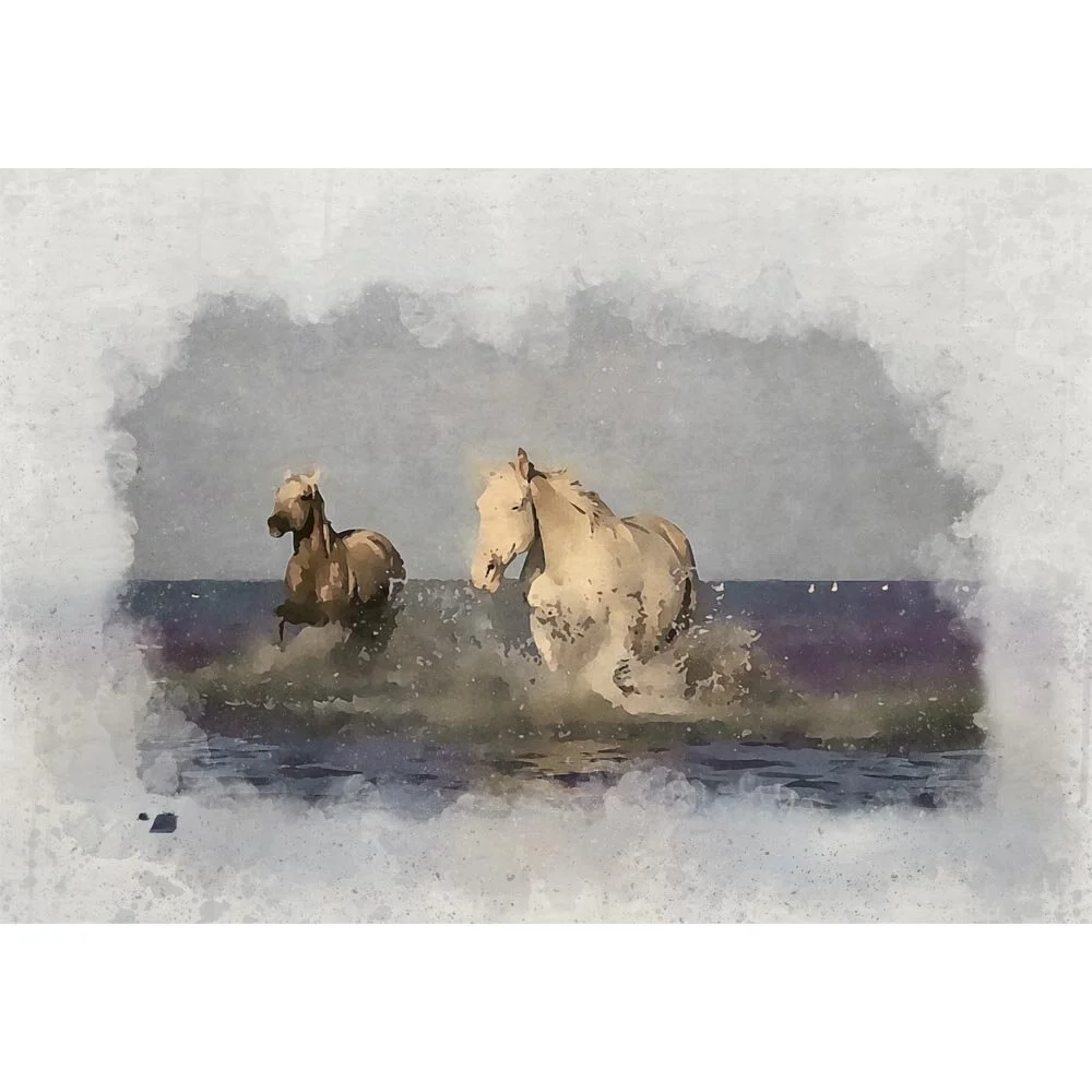 pair of white horses in coastal water camargue sunset abstract figurative painting print