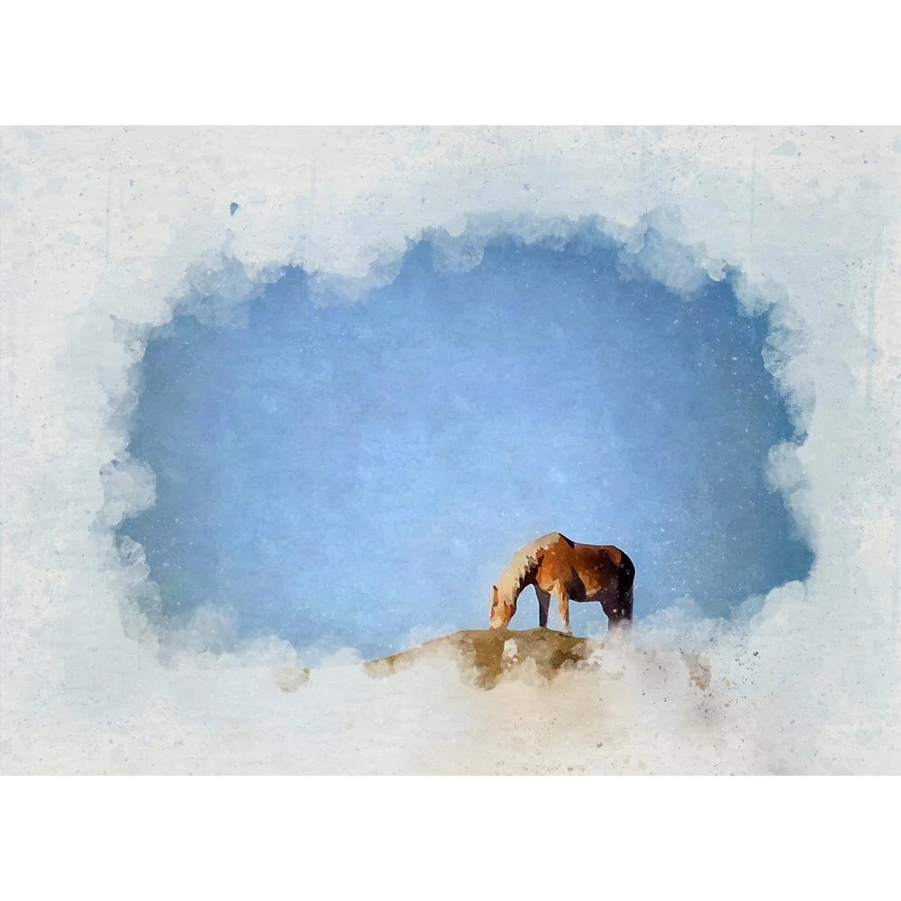 chestnut horse grazing on a hill abstract figurative painting print