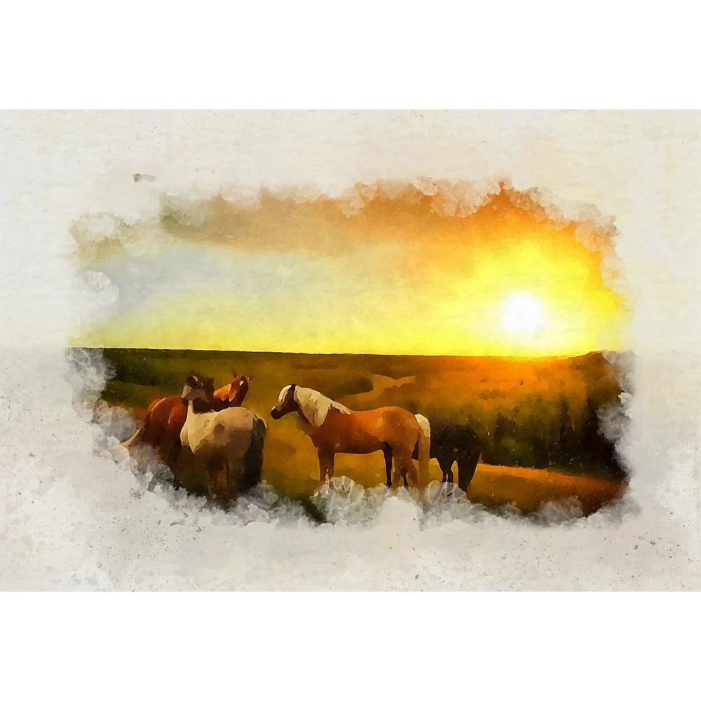 herd of horses on a hill sunset abstract figurative painting print