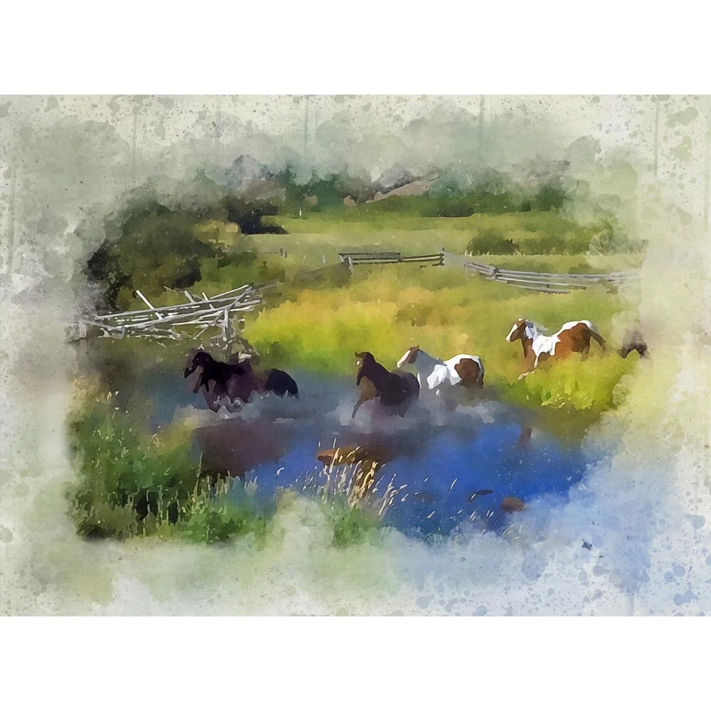 herd of horses crossing creek abstract figurative painting print