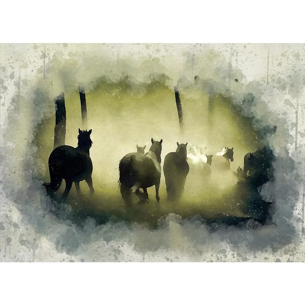 herd of horses in a forrest dawn abstract figurative painting print
