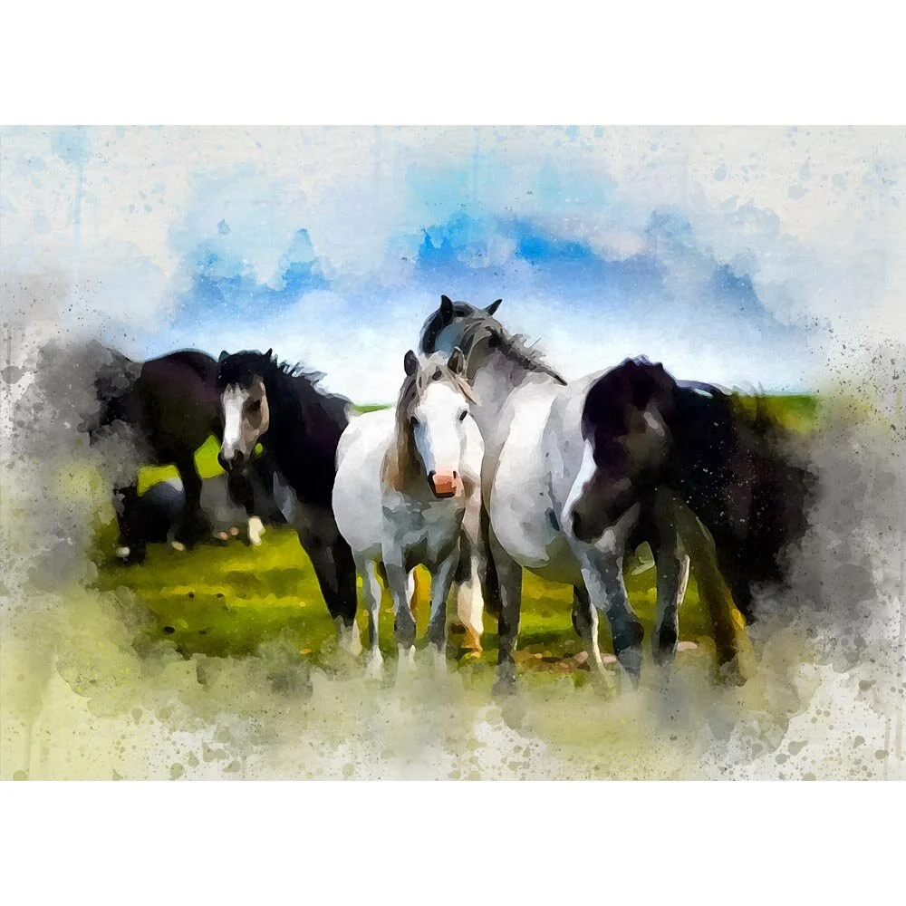 herd of ponies in a meadow abstract figurative painting print