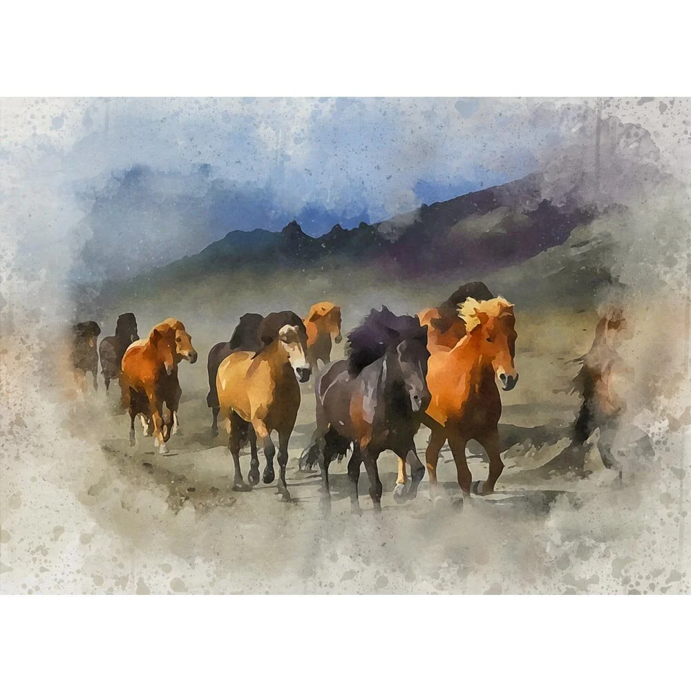 herd of horses galloping in a canyon abstract figurative painting print