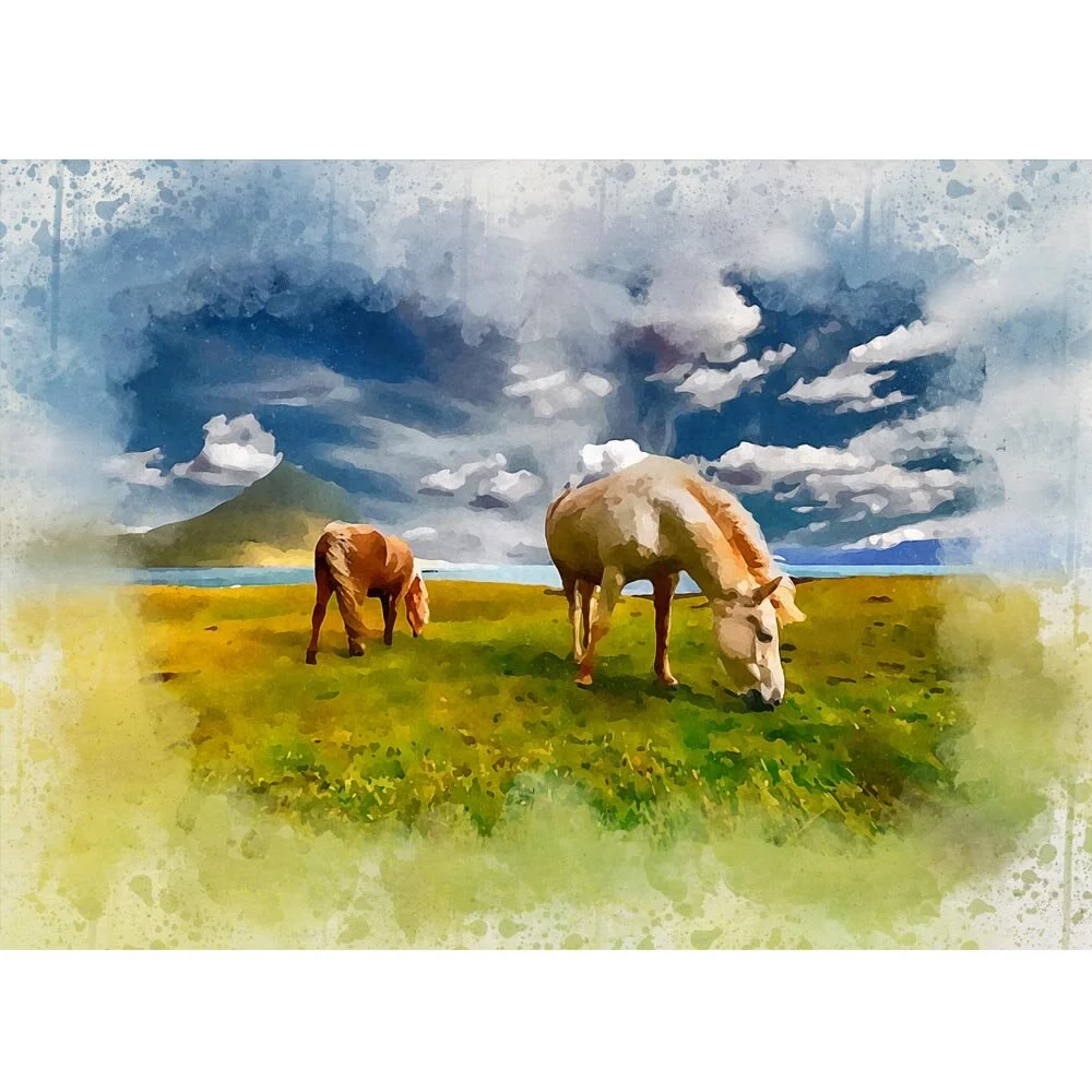 two haflinger ponies grazing in a meadow abstract figurative painting print