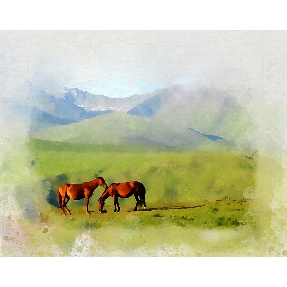 pair of bay horses in scottish highlands abstract figurative painting print
