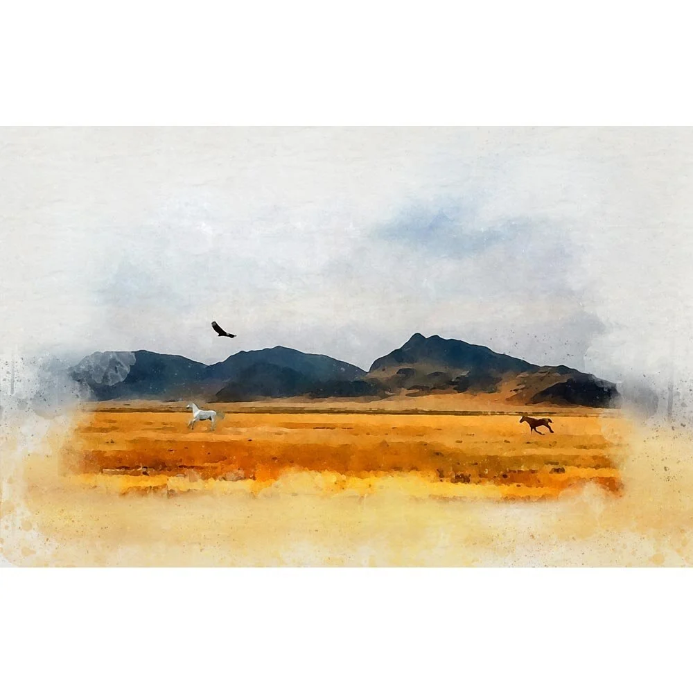 horses galloping through prairie mountains abstract figurative painting print