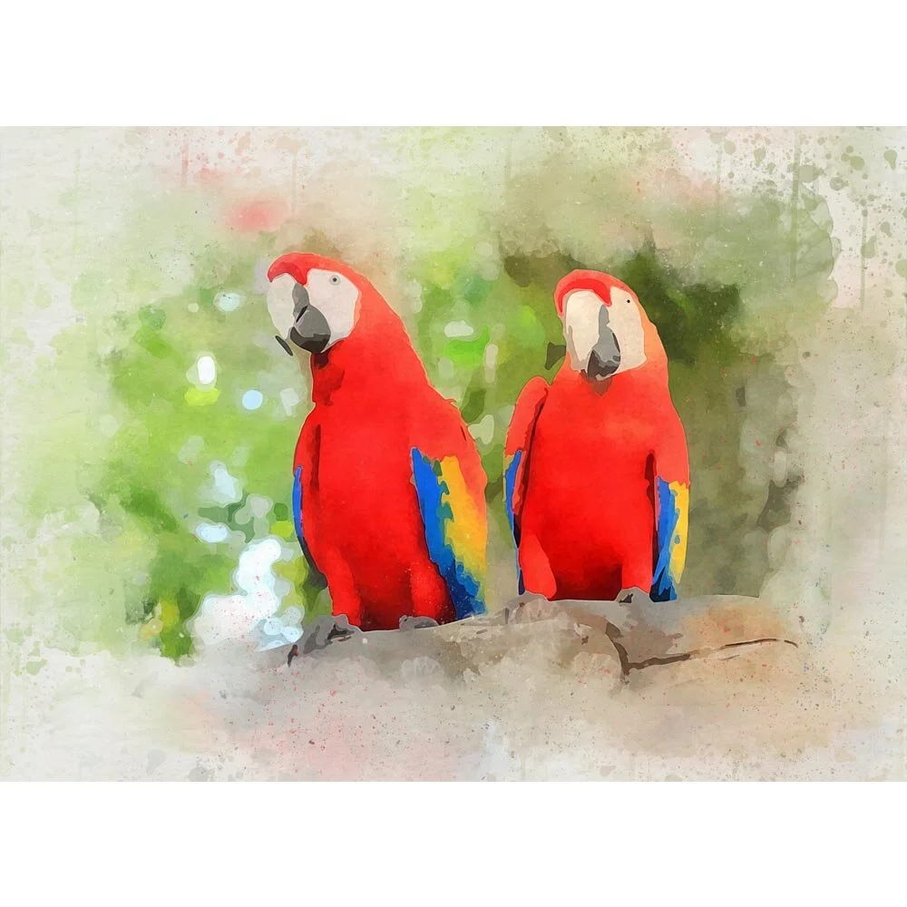 two macaws on a tree branch abstract figurative painting print