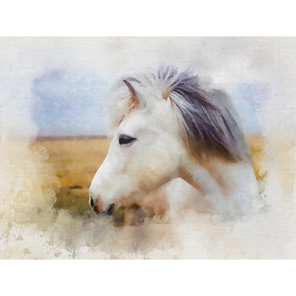 grey pony in grassy landscape abstract figurative painting print