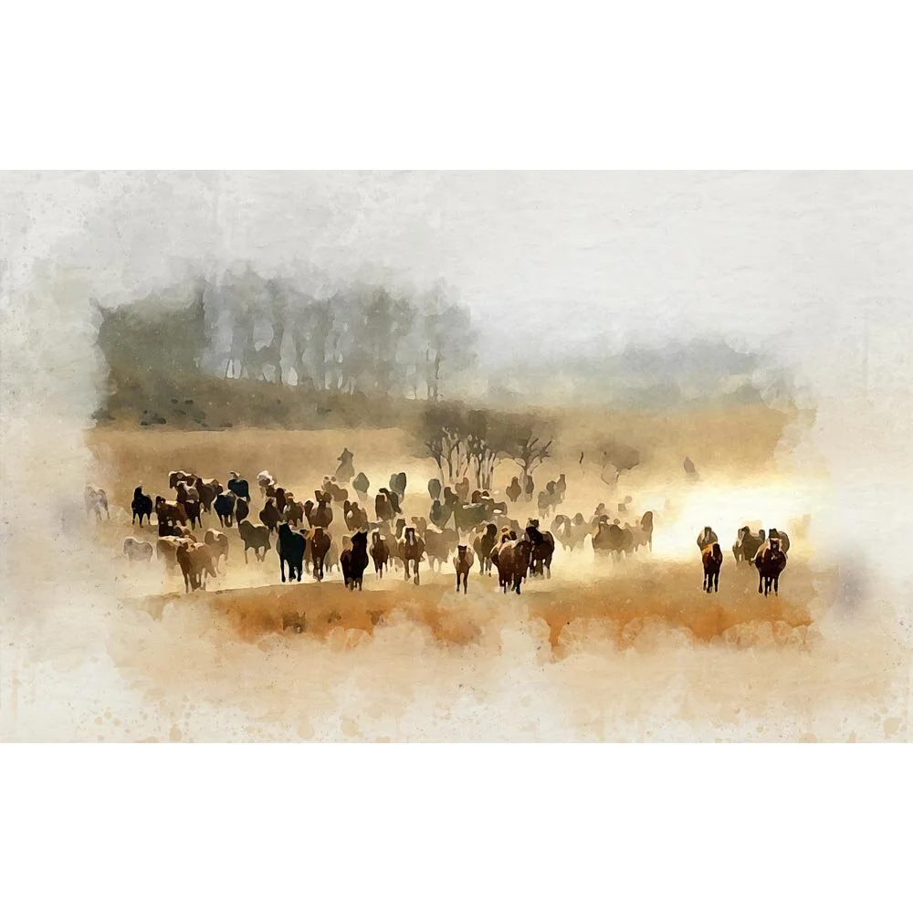 herd of horses galloping over a plain abstract figurative painting print