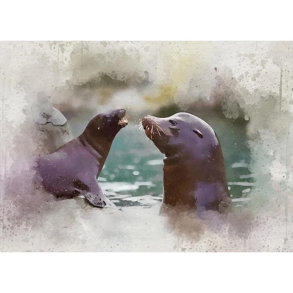 seal mother with pup abstract figurative painting print