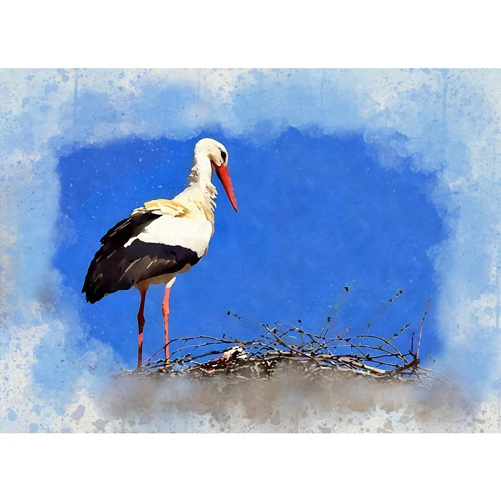 stork standing on a nest deep blue sky abstract figurative painting print