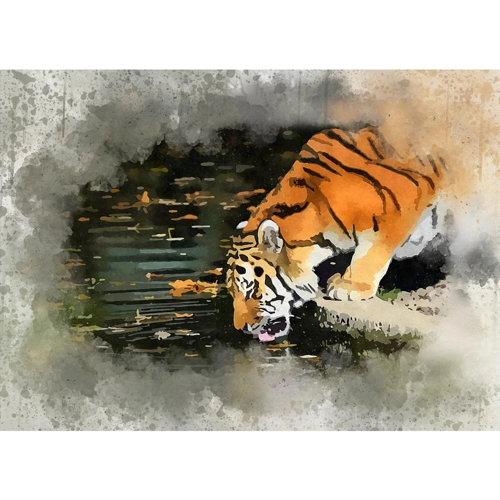 siberian tiger drinking at a pond abstract figurative painting print