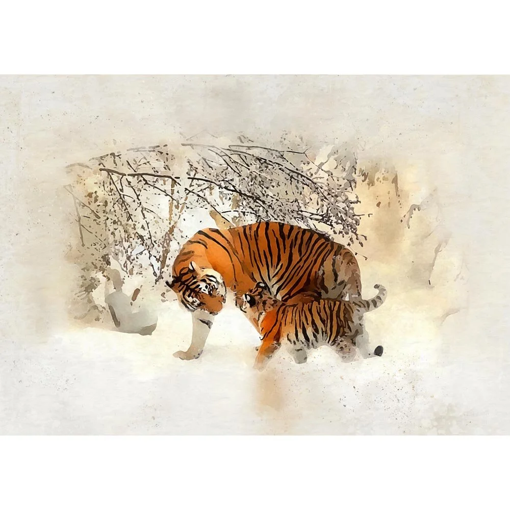 siberian tiger playing with cub in snow abstract figurative painting print