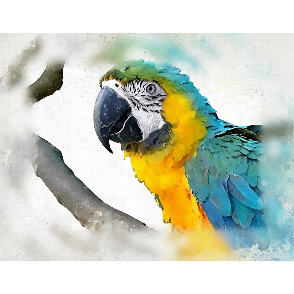 blue and yellow macaw sitting on a branch abstract figurative painting print