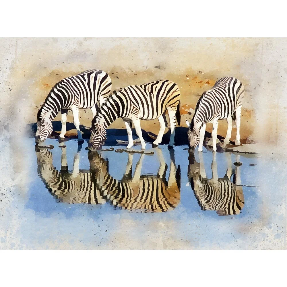 three zebras drinking at a waterhole abstract figurative painting print