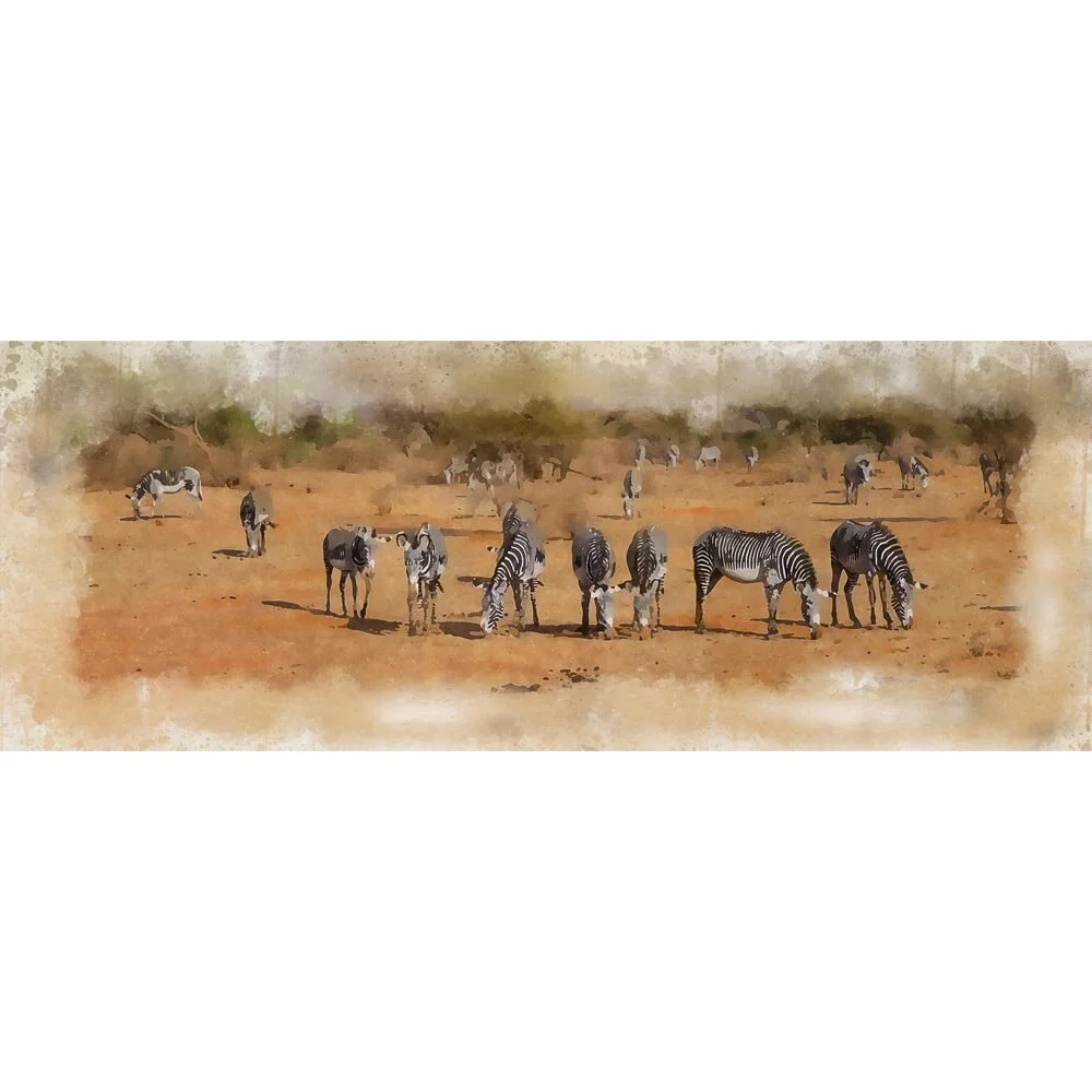 herd of zebras foraging on the steppe abstract figurative painting print