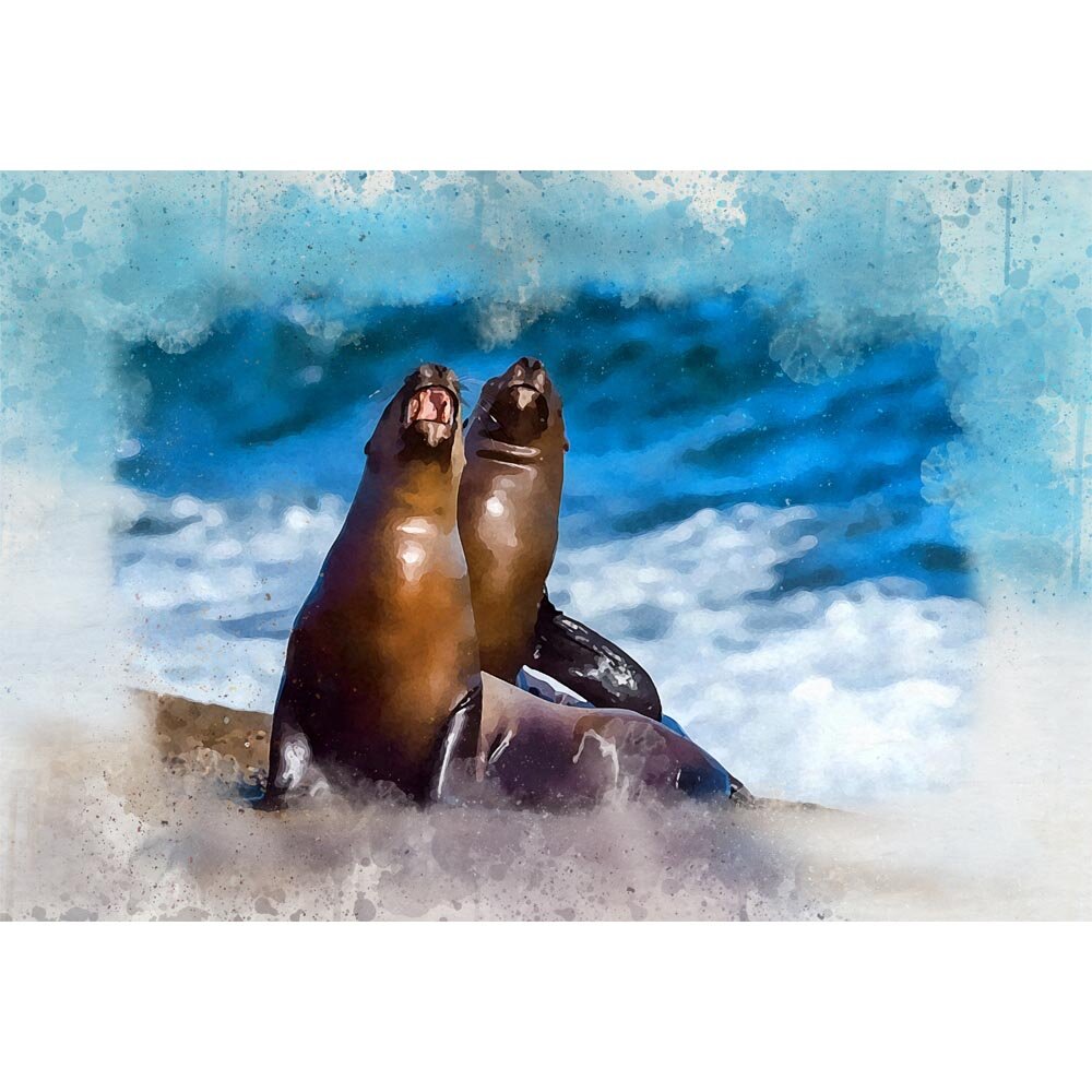 pair of seals on the shore figurative painting print