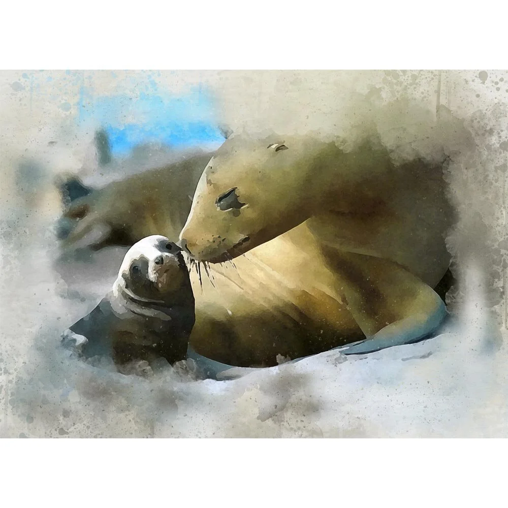 seal mother and cub figurative painting print