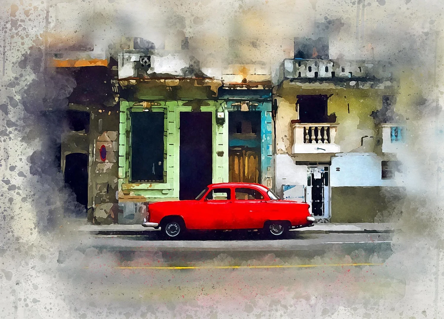 Street View With Red Car Havana Cuba Abstract Figurative Painting Print — Js-Art