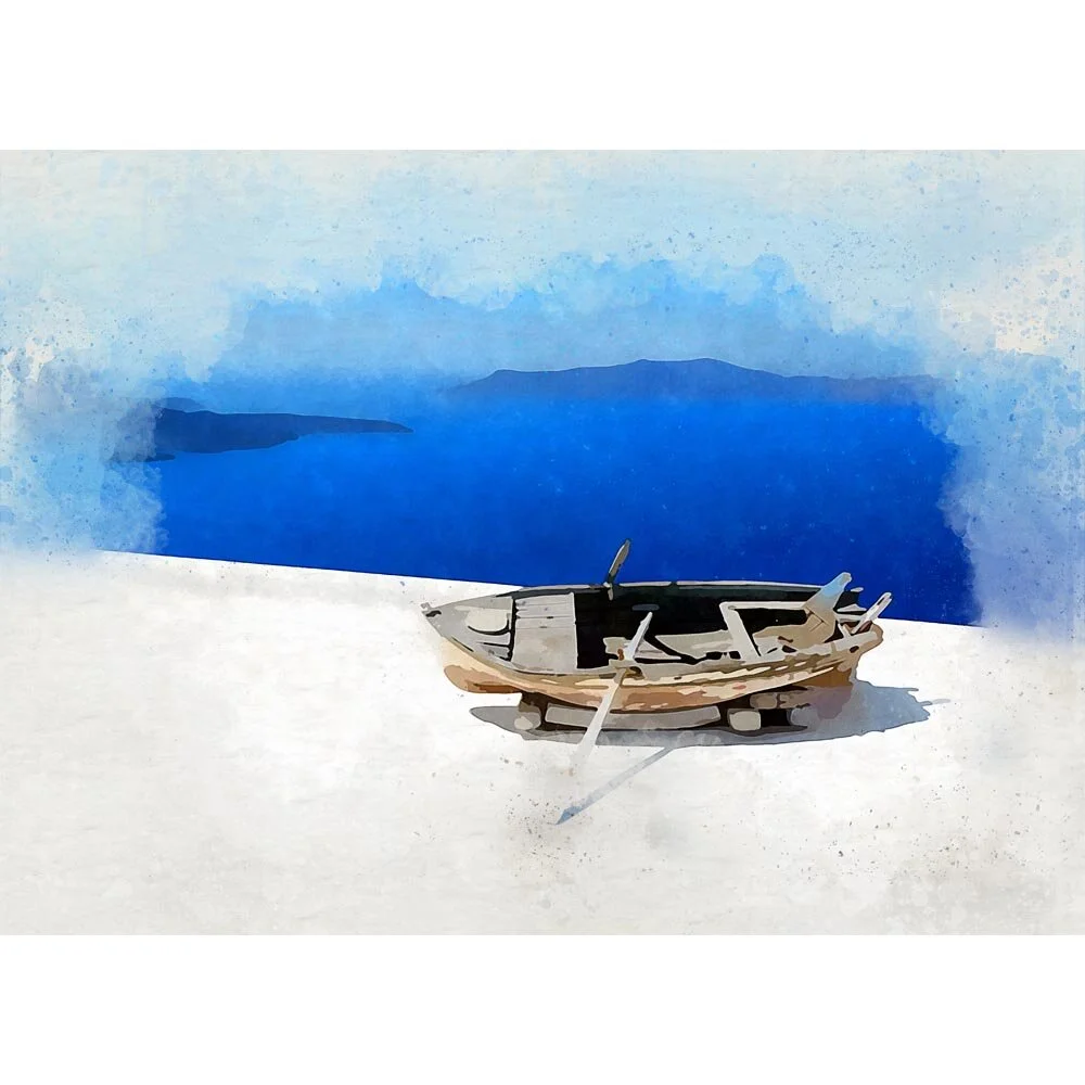 coastal view rowing boat santorini greece abstract figurative painting print