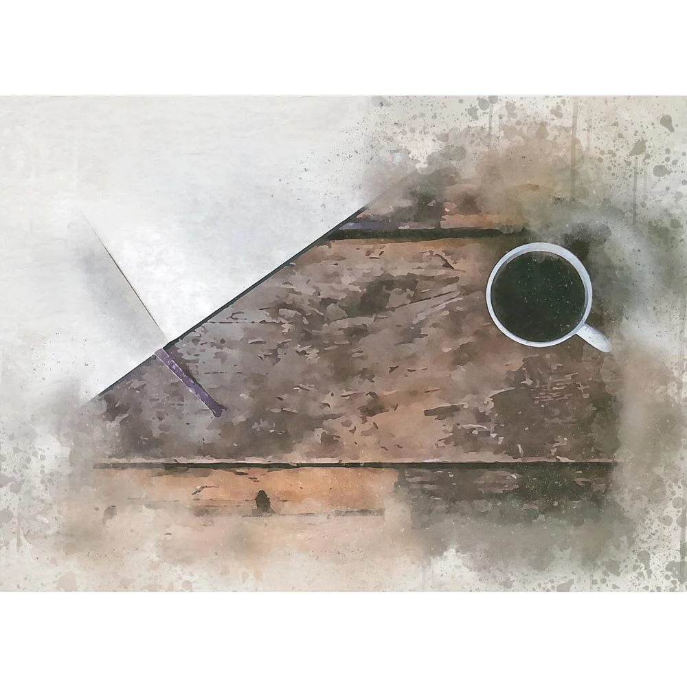 cup of coffee on a rustic wooden table abstract figurative painting print