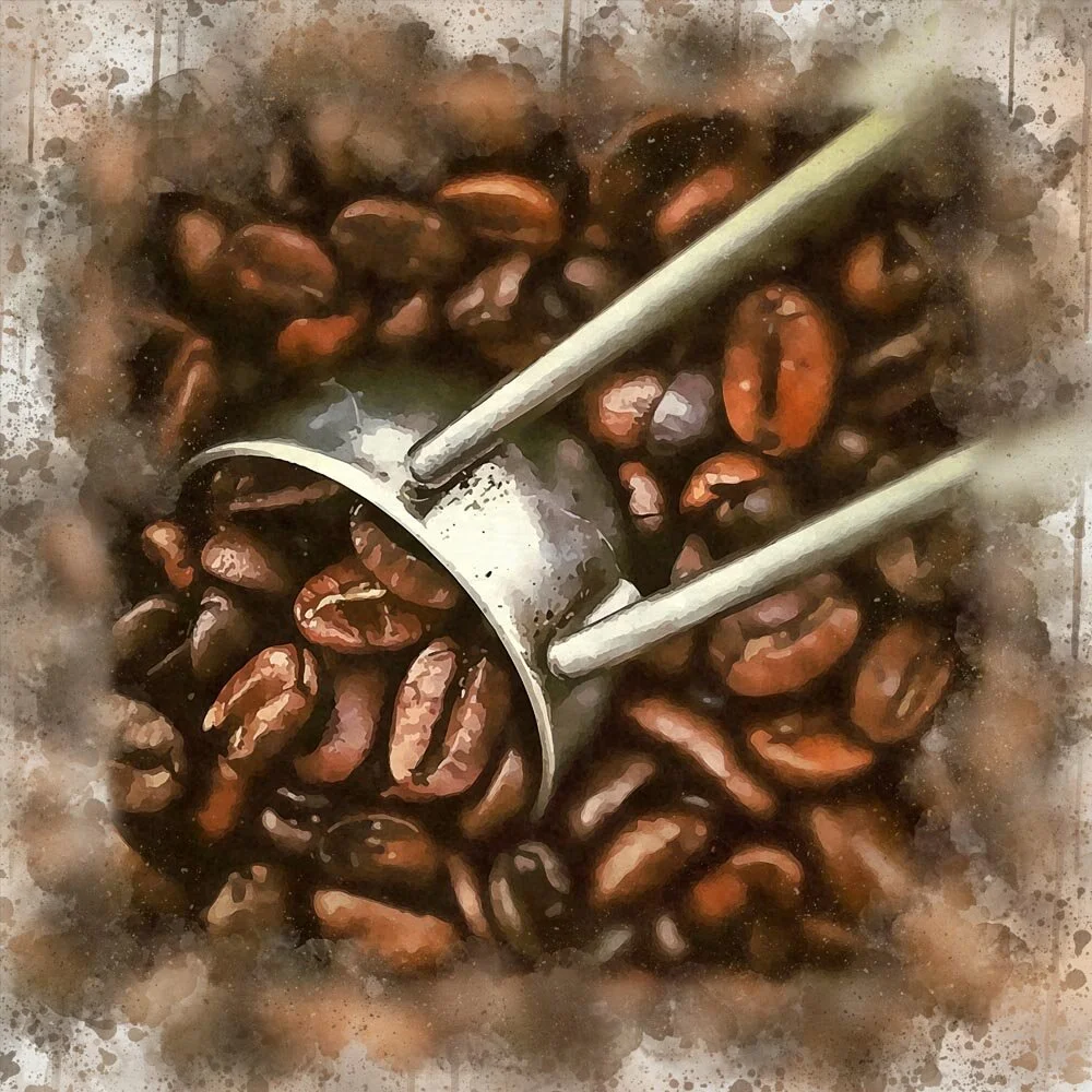 coffee beans with metal scoop close up abstract figurative painting print