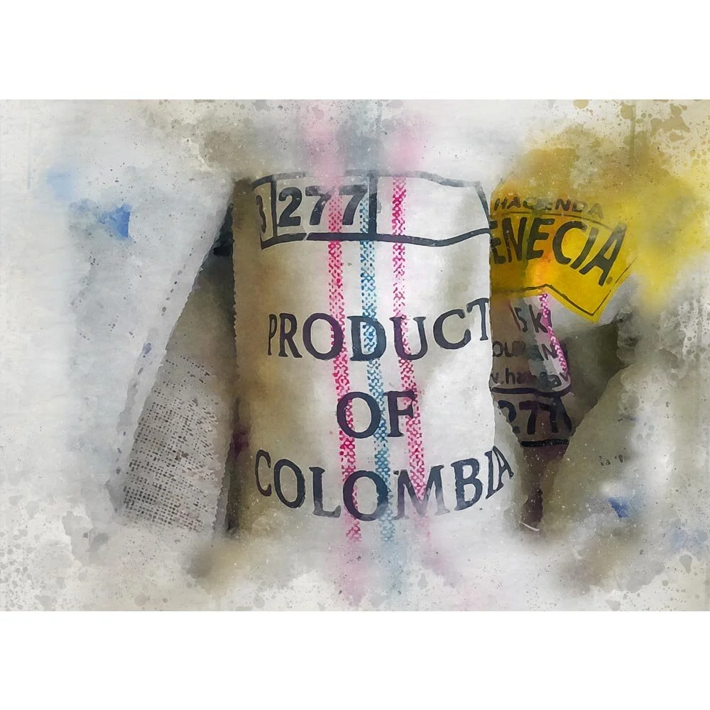 jute sack with colombian coffee beans abstract figurative painting print