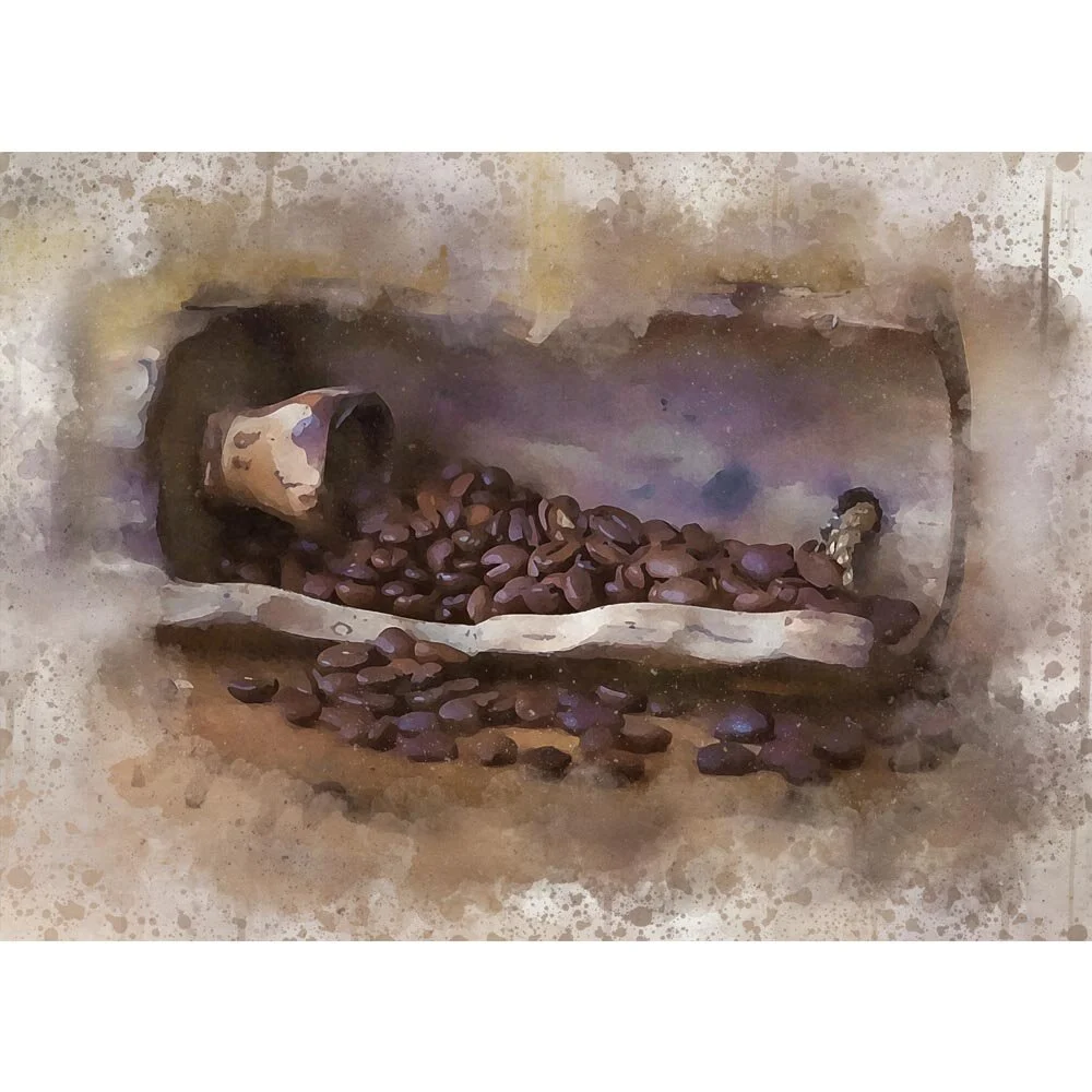 coffee beans with wooden scoop close up abstract figurative painting print