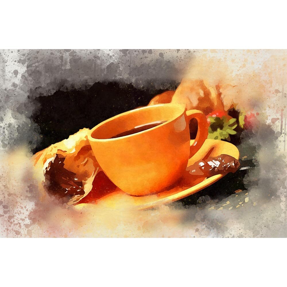 large cup of coffee with croissant abstract figurative painting print