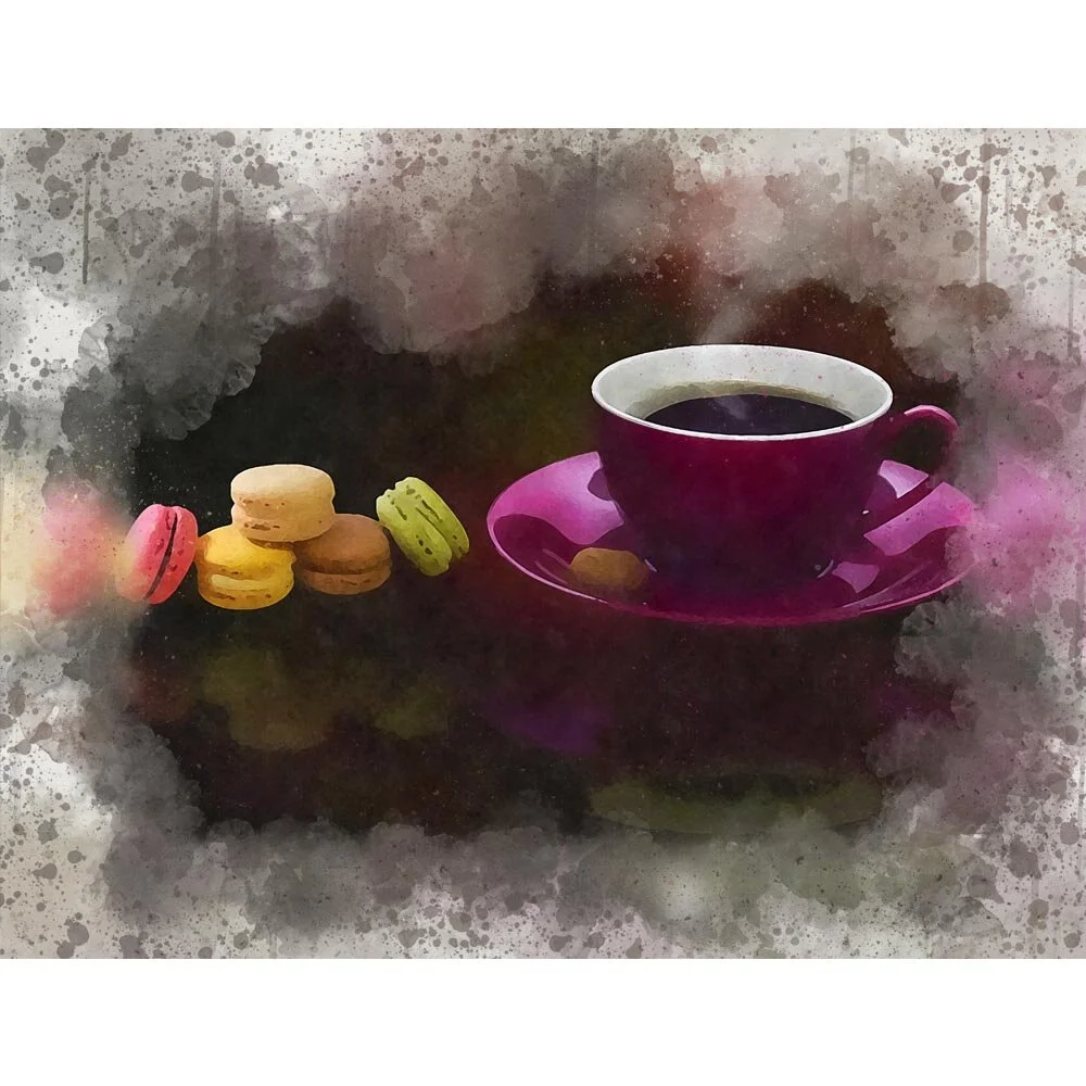 cup of coffee with macarons abstract figurative painting print