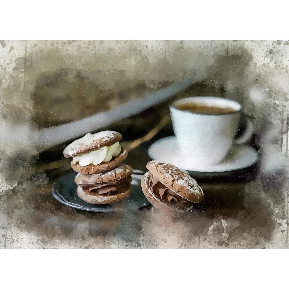 cup of coffee with whipped cream filled macarons abstract figurative painting print