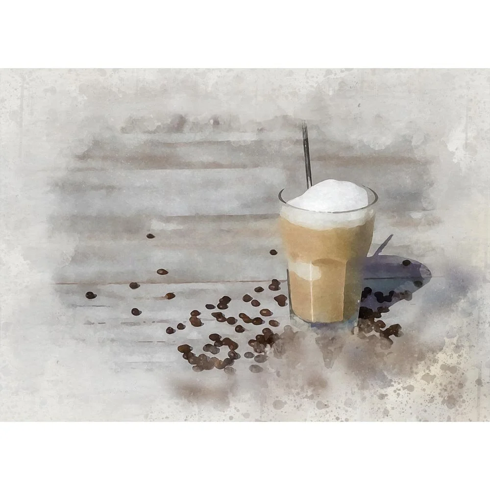 iced coffee with beans on a wooden table abstract figurative painting print