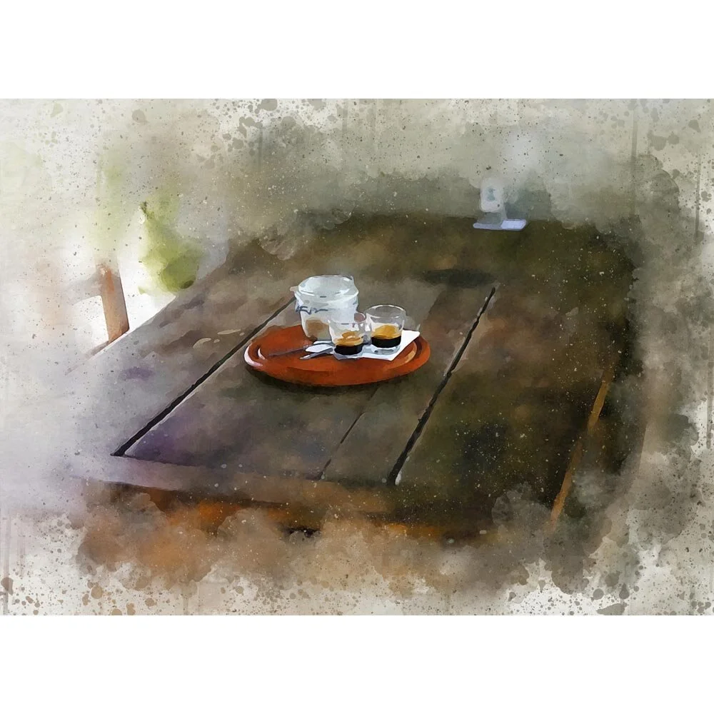 two cup of espresso on an antique wooden table abstract figurative painting print