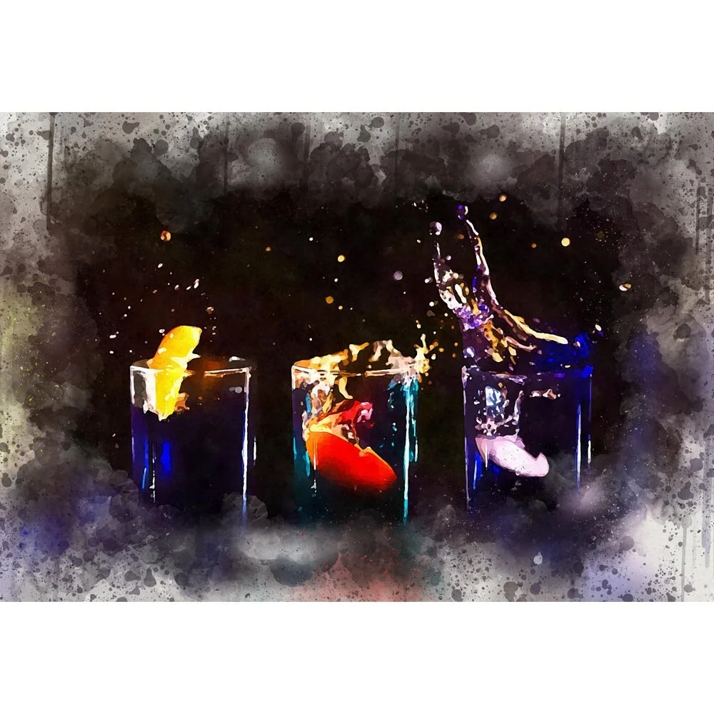 three splashing cocktail in a row abstract figurative painting print
