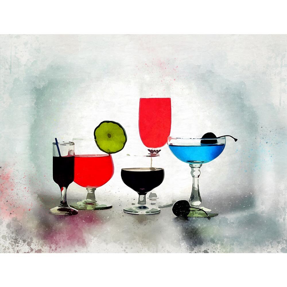 five cocktails in a row abstract figurative painting print