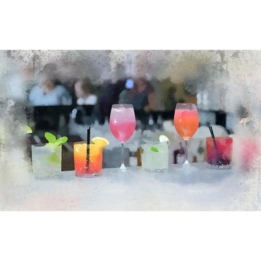 six cocktails in a row abstract figurative painting print